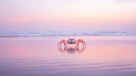 A pink crab stands on the shimmering wet sand at sunset, with gentle waves in the background. The tranquil scene captures the beauty of nature by the ocean.の素材
