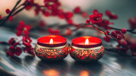 Two elegant red candles in decorative holders emit a warm glow, surrounded by delicate flower accents. This serene setup creates a tranquil atmosphere perfect for relaxation and celebration.の素材