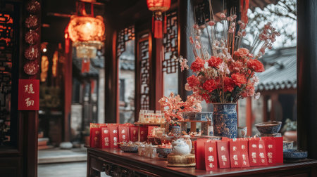 A captivating display featuring a traditional floral arrangement in a vase, complemented by decorative lanterns. This setting emanates cultural richness and warmth.の素材