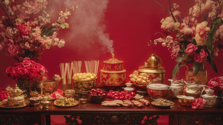 A vibrant and elegant setting featuring traditional Chinese foods, decorations, and blooming flowers, perfect for festive celebrations and cultural occasions.の素材
