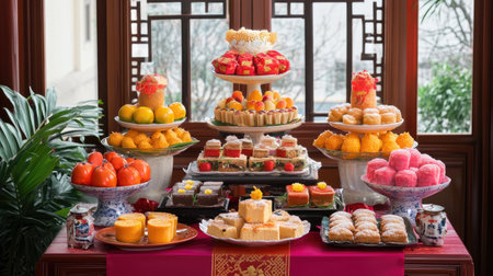 An exquisite arrangement of colorful Asian desserts and fresh fruits on a table, creating a festive atmosphere for celebrations and family gatherings.の素材