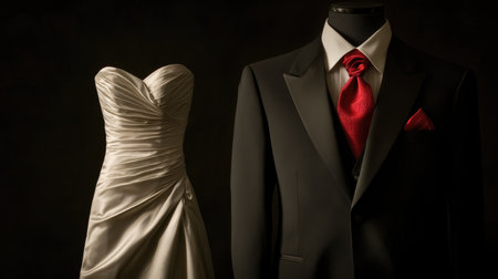 Discover a stunning display of wedding attire featuring an elegant dress and a tailored suit against a captivating dark backdrop. Perfect for romantic themes.の素材