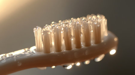 This close-up image captures a clean toothbrush featuring soft bristles and glistening water droplets, highlighting its role in daily dental care and hygiene.の素材