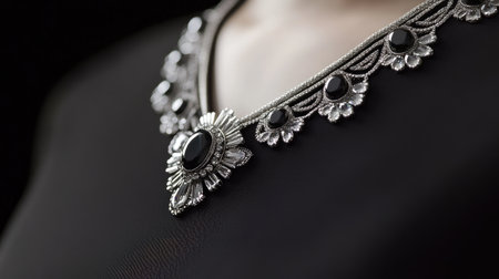 Close-up view of an elegant black necklace featuring intricate silver detailing and gemstones, perfect for enhancing any fashionable outfit with glamour.の素材