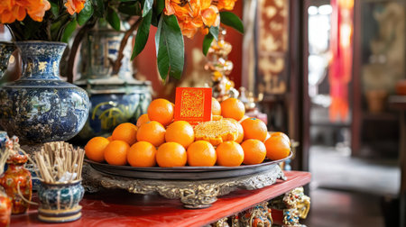 A beautifully arranged display of vibrant oranges on a decorative tray in a traditional Asian setting. This image captures the essence of warmth and celebration, perfect for cultural festivities.の素材