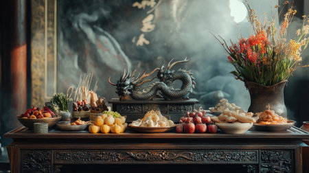 An exquisite display of traditional Asian food featuring an elegant table arrangement, vibrant ingredients, and decorative elements, creating a festive atmosphere.の素材
