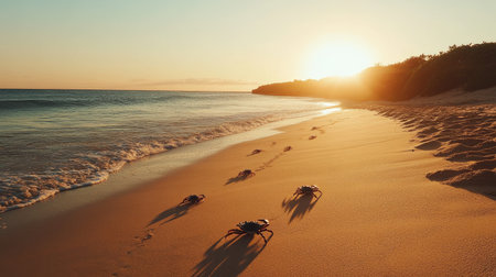 A tranquil beach scene captures crabs walking along golden sand at sunset, with gentle waves lapping the shore and vibrant colors illuminating the sky.の素材