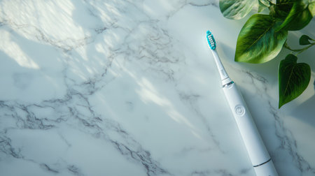 A sleek electric toothbrush rests on a polished marble surface, accompanied by vibrant green leaves. This image emphasizes modern dental care in a serene bathroom setting.の素材