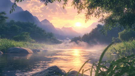 A breathtaking view of a tranquil river at sunset, framed by lush mountains. Soft mist rises from the water, creating an ethereal atmosphere of serenity.の素材