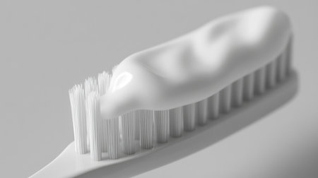 A close-up view of a white toothbrush with smooth toothpaste, showcasing hygiene and cleanliness. Ideal for dental health themes and personal care contexts.の素材