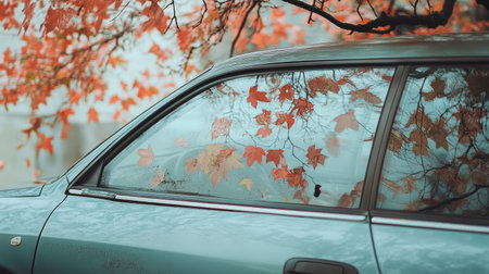A close-up view of a car window reflecting autumn leaves, showcasing vibrant reds and oranges. The serene atmosphere highlights the beauty of fall foliage.の素材