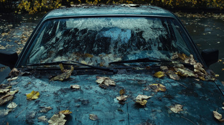 A close-up view of an abandoned car adorned with fallen leaves and rainwater, showcasing a serene yet melancholic atmosphere in a natural setting.の素材