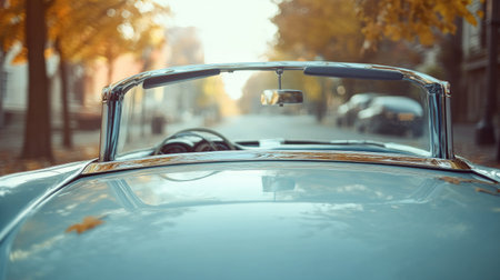 A stunning rear view of a vintage convertible car parked on an autumn street. The vehicle shines under soft sunlight, highlighted by fallen leaves.の素材