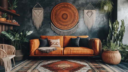 A charming bohemian living room featuring a cozy orange couch, macrame wall art, lush greenery, and a vibrant rug, creating a warm and inviting atmosphere.の素材