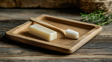 A serene setup featuring a bar of soap and a wooden toothbrush on a rustic wooden tray, perfect for promoting eco-friendly hygiene products and self-care routines.の素材