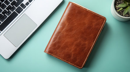 This image showcases a stylish brown leather notebook placed next to a laptop on a teal background. Perfect for workspace inspiration and creative setups.の素材