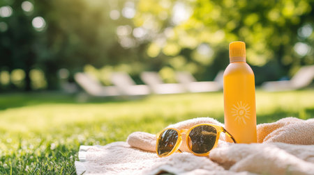 Enjoy a relaxing sunny day outdoors with essentials like a water bottle and sunglasses resting on a fluffy towel. Perfect for picnics or leisure activities.の素材