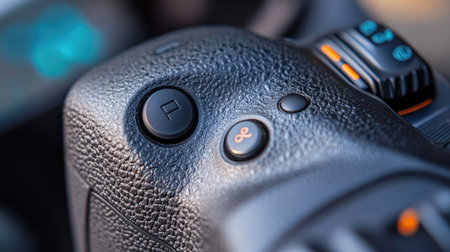 Close-up view of control buttons on a DSLR camera, showcasing intricate details, smooth textures, and user-friendly design, perfect for photography enthusiasts.の素材