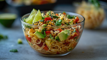 A vibrant noodle salad bursting with fresh vegetables and lime. This healthy dish features colorful ingredients like avocado and tomatoes, perfect for any meal.の素材