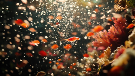 Explore a vibrant underwater scene filled with colorful fish swimming amidst coral reefs and bubbles, showcasing the beauty of marine life in a captivating ecosystem.の素材