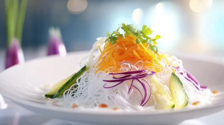 A vibrant and colorful salad featuring vermicelli noodles topped with fresh vegetables like cucumber, onion, and carrot, garnished with cilantro for a healthy dish.の素材