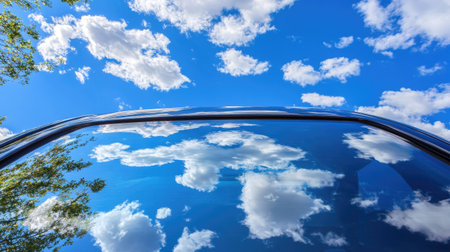A stunning reflection in a car window capturing fluffy clouds against a bright blue sky. This serene scene conveys a sense of adventure and tranquility.の素材