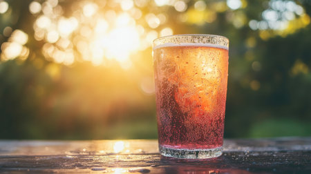A fizzy drink served in a chilled glass, glistening with condensation, captures the warm glow of sunset, evoking a sense of refreshment and summer enjoyment.の素材
