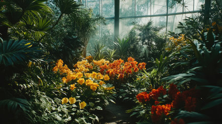 A stunning view of a lush tropical garden filled with vibrant flowers and rich greenery. This serene setting invites relaxation and appreciation of nature's beauty.の素材