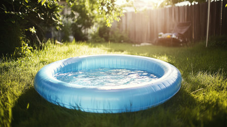 A vibrant inflatable swimming pool sits in a sunlit backyard, surrounded by lush green grass. Ideal for summer relaxation and outdoor leisure activities.の素材