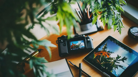 A captivating workspace featuring a camera and tablet amidst lush greenery on a wooden desk. This arrangement inspires creativity and productivity.の素材