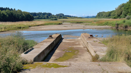 An abandoned concrete ramp leads to a shallow river, surrounded by lush vegetation. The serene landscape captures nature's beauty and tranquility.の素材