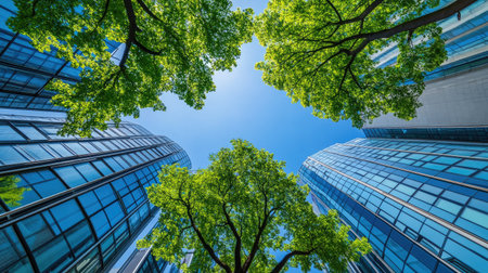 A stunning perspective of modern skyscrapers framed by lush green trees under a bright blue sky. This image captures the harmonious blend of nature and urban architecture.の素材