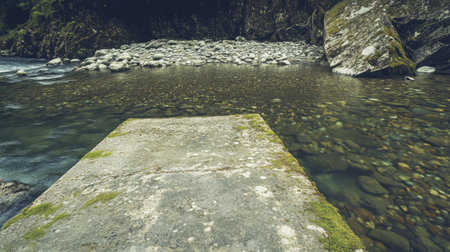 A serene view of a riverbank featuring smooth stones and a flat platform surface. The tranquil water reflects the surrounding wilderness, inviting exploration.の素材