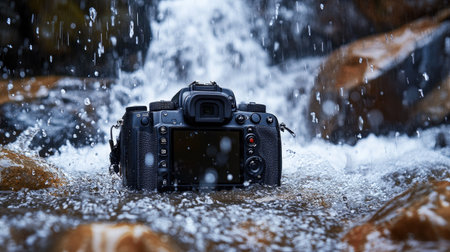 A striking image of a camera submerged partially in water amidst a scenic waterfall. The splash and droplets create a dynamic effect, showcasing nature's beauty and the joys of photography.の素材