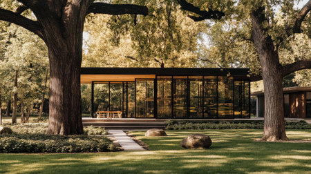 A stunning modern glass house set amidst a vibrant green landscape, featuring lush trees and a serene atmosphere, perfect for peaceful living and relaxation.の素材