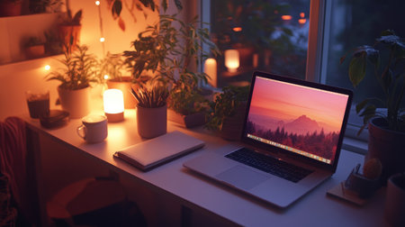 A serene workspace featuring a laptop surrounded by lush plants and soft candlelight. Ideal for inspiring creativity and relaxation in a cozy atmosphere.の素材