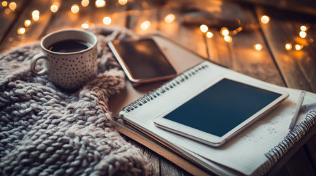 A cozy workspace featuring a warm drink, a tablet, and a notebook on a wooden table. Soft lights create a relaxing and inviting atmosphere, perfect for inspiration.の素材