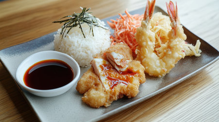 This tempting plate features crispy tempura shrimp and fried chicken served with fluffy rice. Perfect for a delightful dining experience.の素材