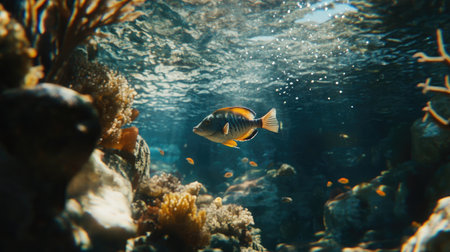 A stunning underwater scene featuring a vibrant fish swimming gracefully in clear ocean water, surrounded by colorful coral reefs and bubbles, showcasing marine biodiversity.の素材