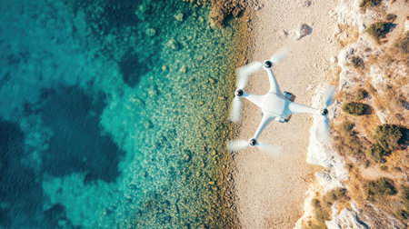 A drone captures an aerial view of tranquil blue waters meeting a sandy beach. This serene landscape showcases nature's beauty, perfect for travel and adventure themes.の素材