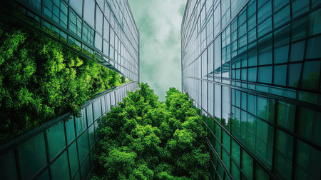 This captivating image showcases lush green trees nestled between modern glass buildings, highlighting the contrast between nature and urban architecture.の素材