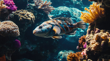 A captivating scene of a colorful fish swimming gracefully through a vibrant coral reef, showcasing the beauty and diversity of marine life in a thriving underwater ecosystem.の素材