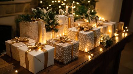 A beautifully arranged display of Christmas gifts decorated with elegant gold ribbons and accompanied by soft, warm lights, creating a festive atmosphere.の素材