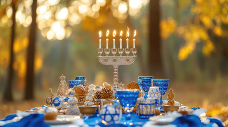 A beautifully arranged blue table setting featuring a menorah surrounded by autumn foliage. This image captures warmth, joy, and festive spirit perfect for seasonal celebrations.の素材