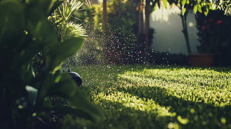 Water droplets glisten on rich green grass in a beautifully maintained garden. Sunlight dances through foliage, creating a serene outdoor atmosphere.の素材