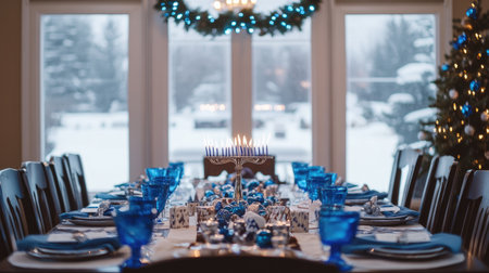 A beautifully arranged winter dining table featuring blue glassware and elegant decor, set against a snowy outdoor view, evoking warmth and celebration.の素材