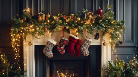 A warm and inviting Christmas mantel displays colorful stockings and twinkling lights. Rich greenery, pinecones, and festive decor create a cozy, seasonal atmosphere perfect for gatherings.の素材