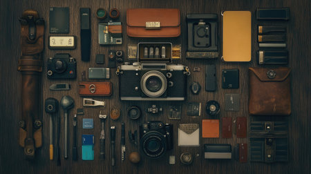 Capture the essence of photography with this vintage camera and accessories flat lay on a wooden background, showcasing tools and artistry in harmony.の素材