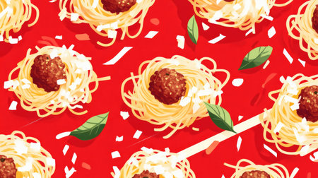 A vibrant and appetizing pattern featuring spaghetti and meatballs on a bright red backdrop. Perfect for culinary-themed designs and food-related projects.の素材