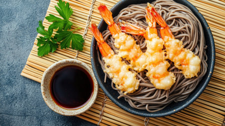 Savor the exquisite flavors of shrimp tempura served on soba noodles with a side of soy sauce. Perfect for food lovers and culinary enthusiasts.の素材
